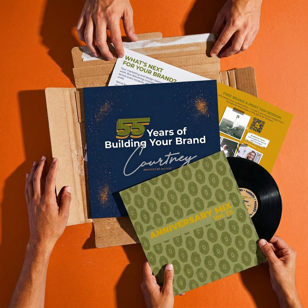 Branded by Woods 55th anniversary direct mail kit with a navy brochure, vinyl record sleeve, and printed inserts unboxed on an orange surface